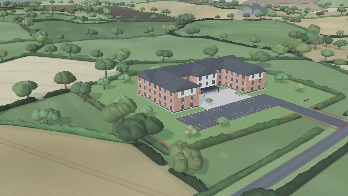 Illustrative model of a purpose-built care home on a greenfield site at the edge of a village