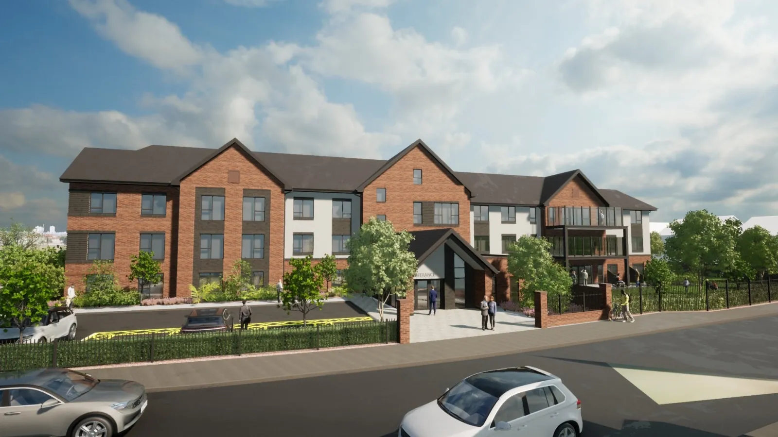 Architect's visualisation of a three-storey brick and render care home in Chester with a gabled entrance, landscaped frontage and railings