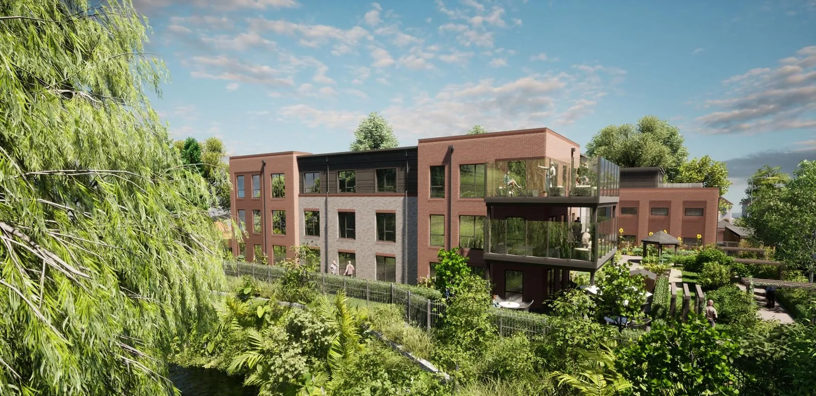 Architect's visualisation of a three-storey brick care home in Nuneaton with glazed balconies above a landscaped garden and mature trees