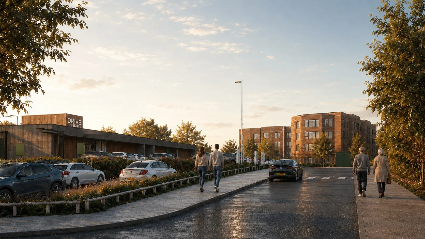 Visualisation of a four-storey brick care home in Stockport beside a timber-clad drive-through and a landscaped footpath at dusk