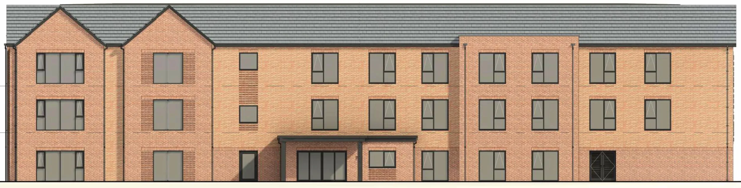 East elevation of the proposed care home, showing the single-storey entrance canopy and feature gables