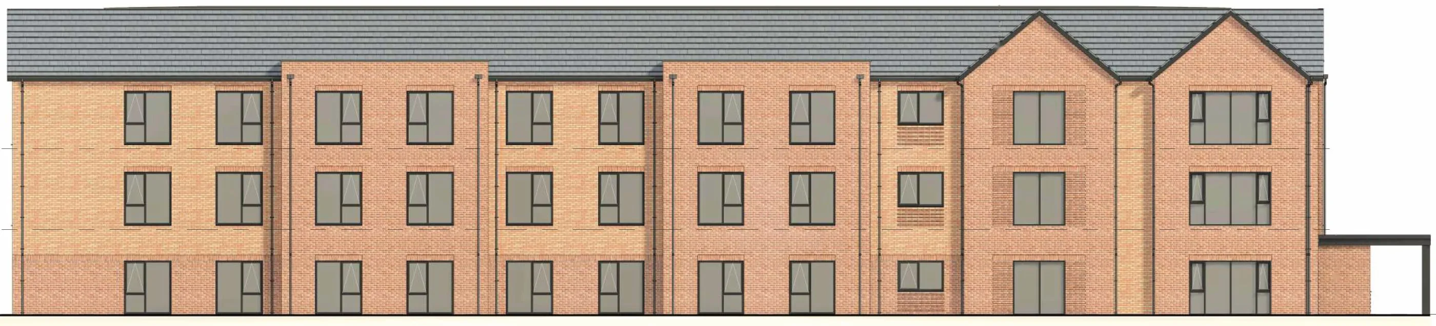 North elevation of the proposed 72-bed care home in Poulton-le-Fylde, three storeys in red brick with protruding gables