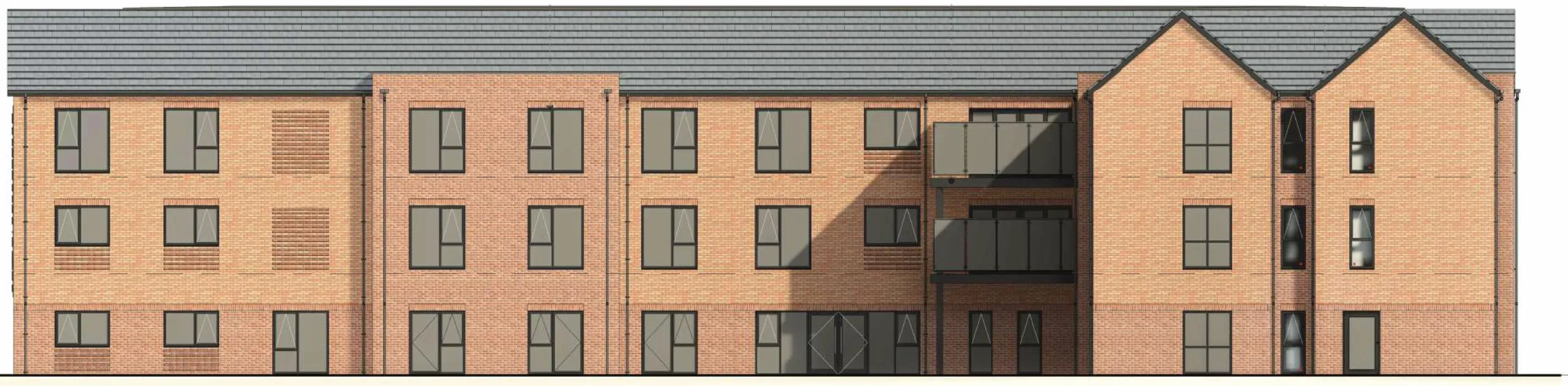 West elevation of the proposed care home, with sheltered balconies and soldier courses over the windows
